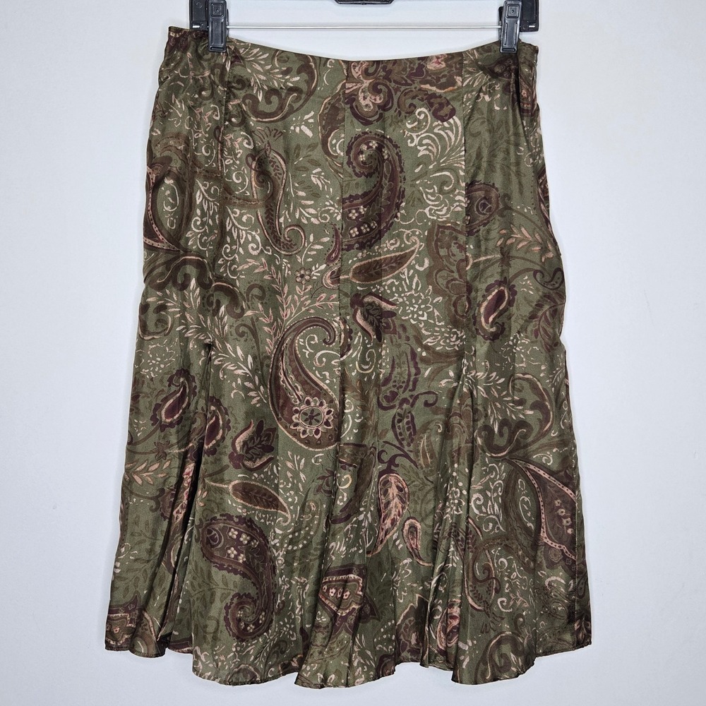 Lauren Ralph Lauren 100% Silk Paisley Pleated Midi Skirt Olive Green Boho VTG 6